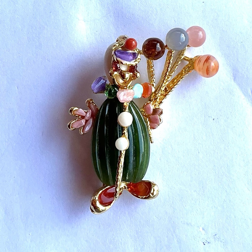 Vintage Swoboda Colorful Clown Brooch with Gold Plated and Natural Stone Accent